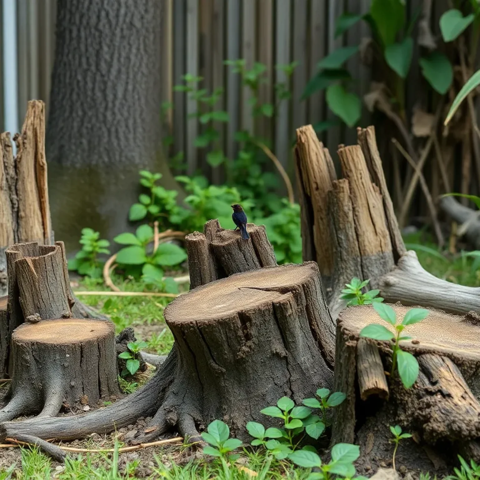 A backyard in Florida showcasing dead wood providing habitat for wildlife.