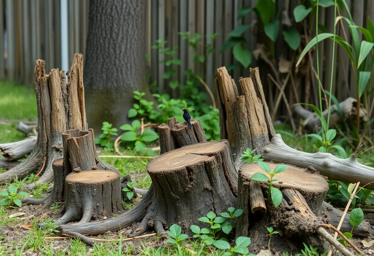 A backyard in Florida showcasing dead wood providing habitat for wildlife.