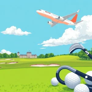 Airplane flying over a golf course with golfers