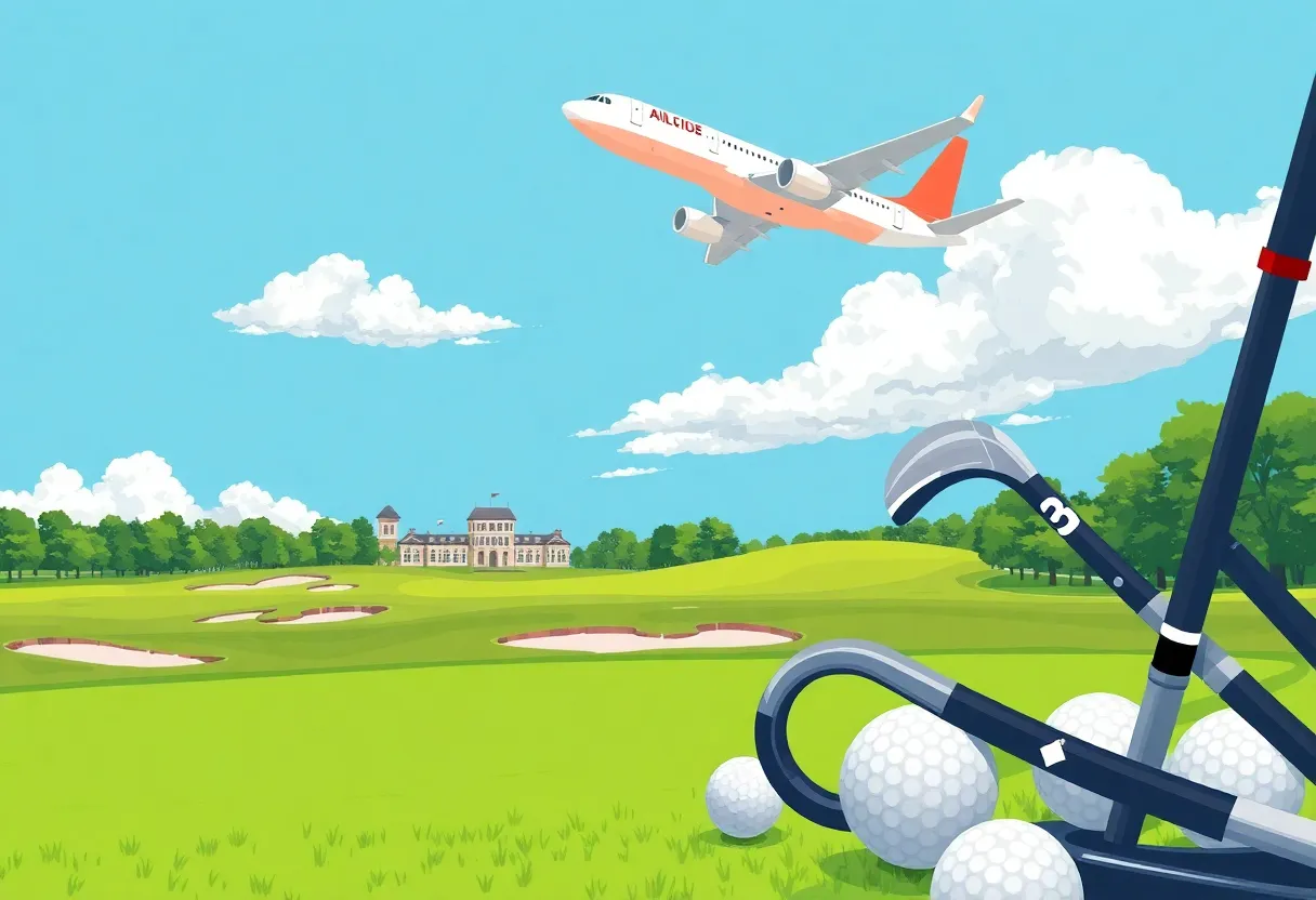 Airplane flying over a golf course with golfers