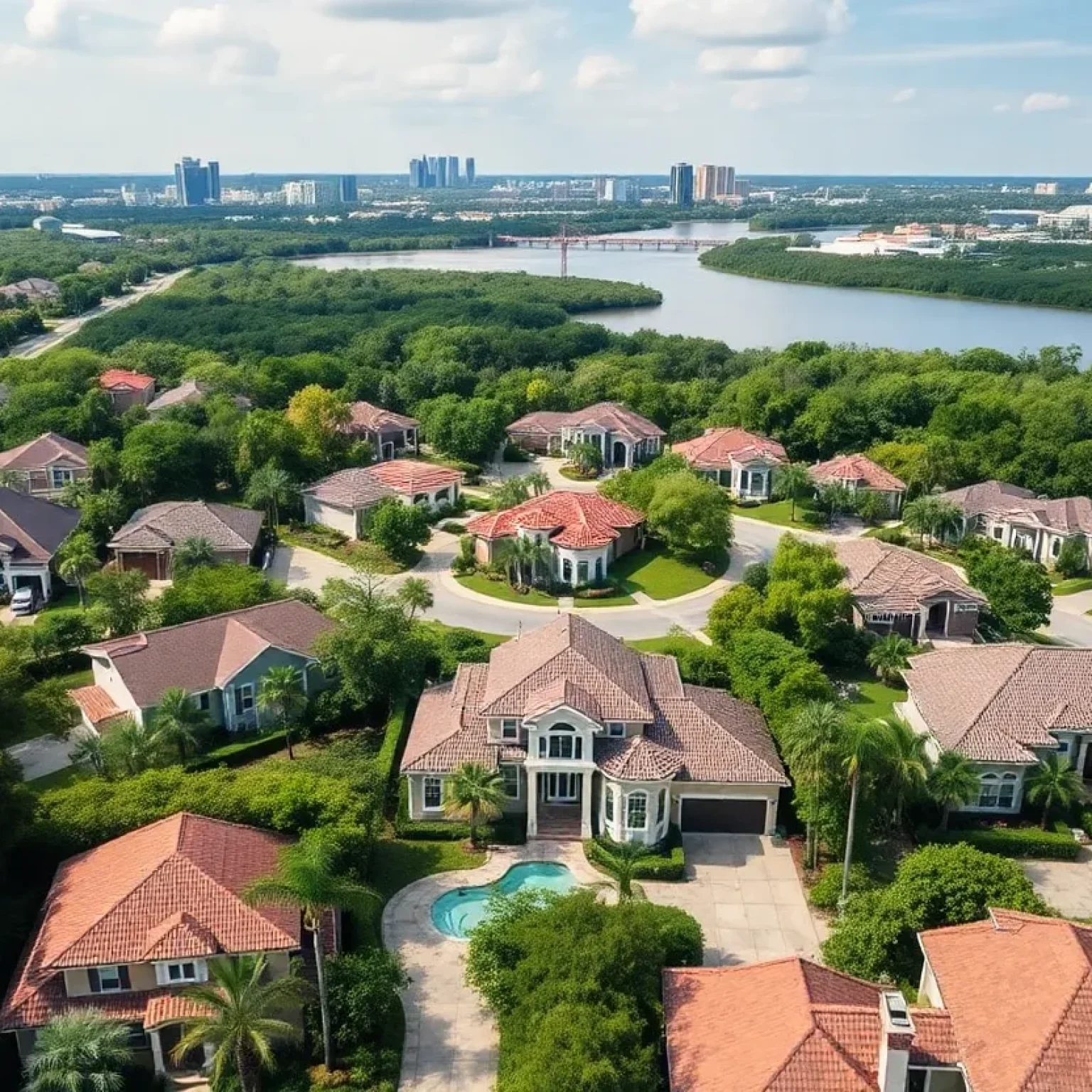 Luxury homes in Dr. Phillips, Orlando, showcasing diverse architecture and greenery.