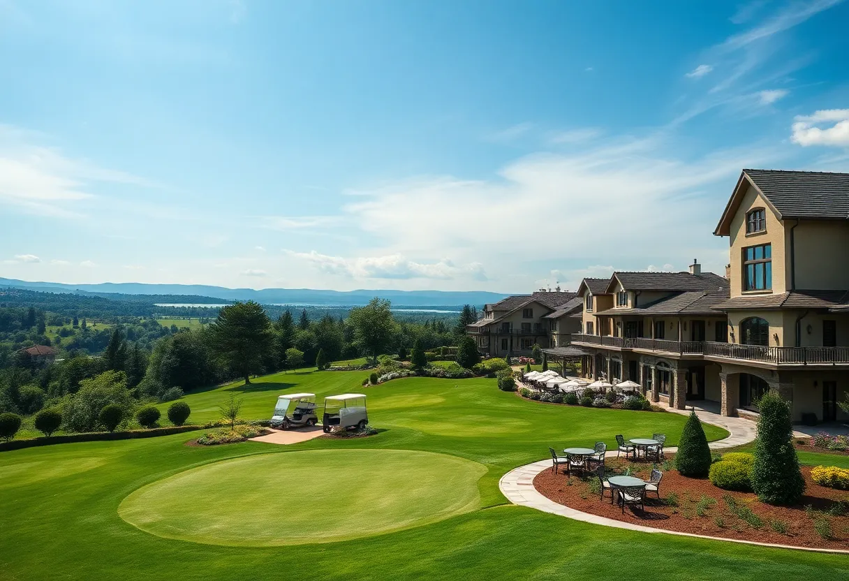 Stunning view of a top golf resort in Europe with lush greens and beautiful landscapes.