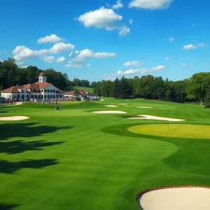 Green fairways and scenic views of Firestone Country Club's South Course during a golf tournament.