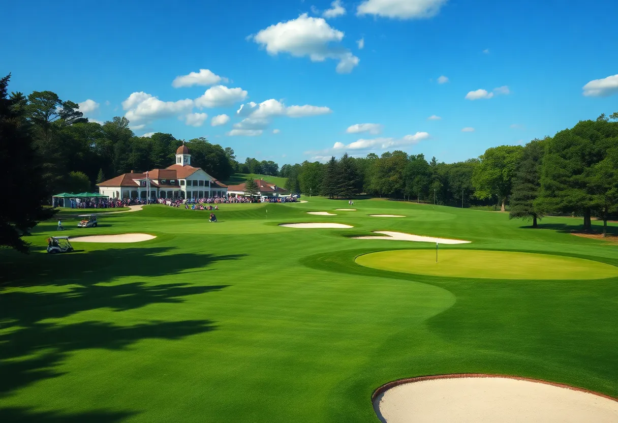 Green fairways and scenic views of Firestone Country Club's South Course during a golf tournament.