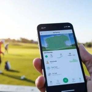 Innovative golf planning tool displayed on a smartphone with a golf course backdrop.