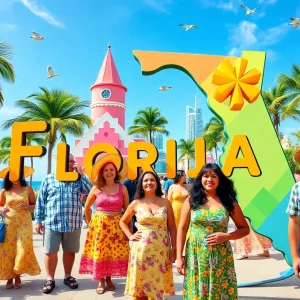 Vibrant representation of Florida's culture with diverse characters and symbols.