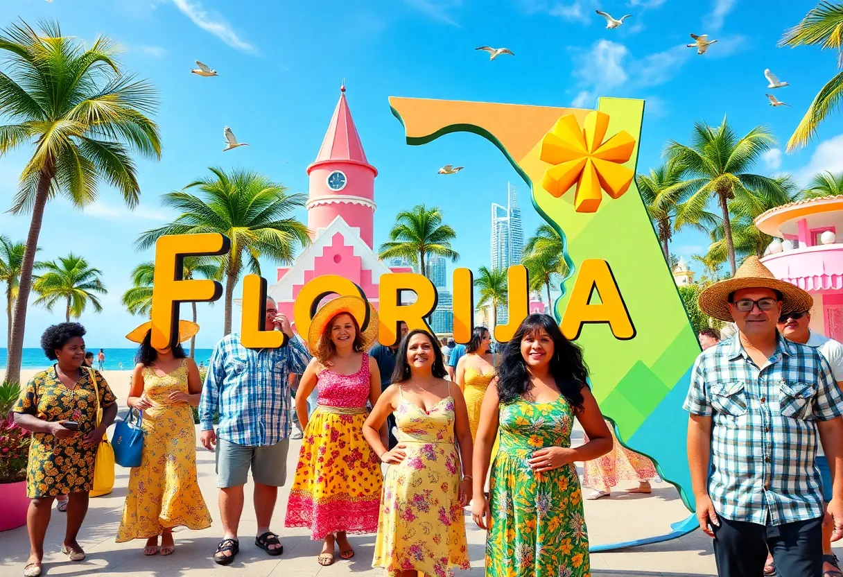 Vibrant representation of Florida's culture with diverse characters and symbols.