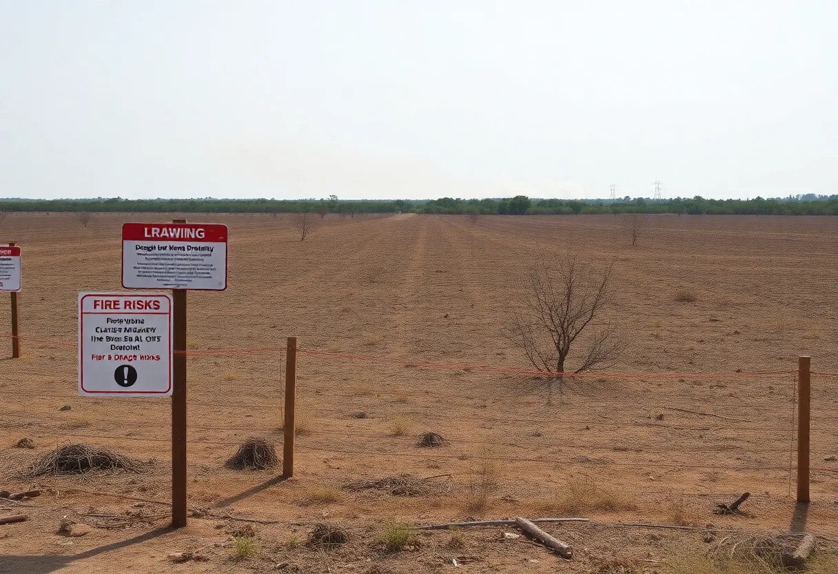 A dry landscape in Florida with warning signs about fire risks