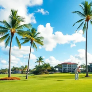 Scenic view of a Florida golf course with a golfer teeing off.