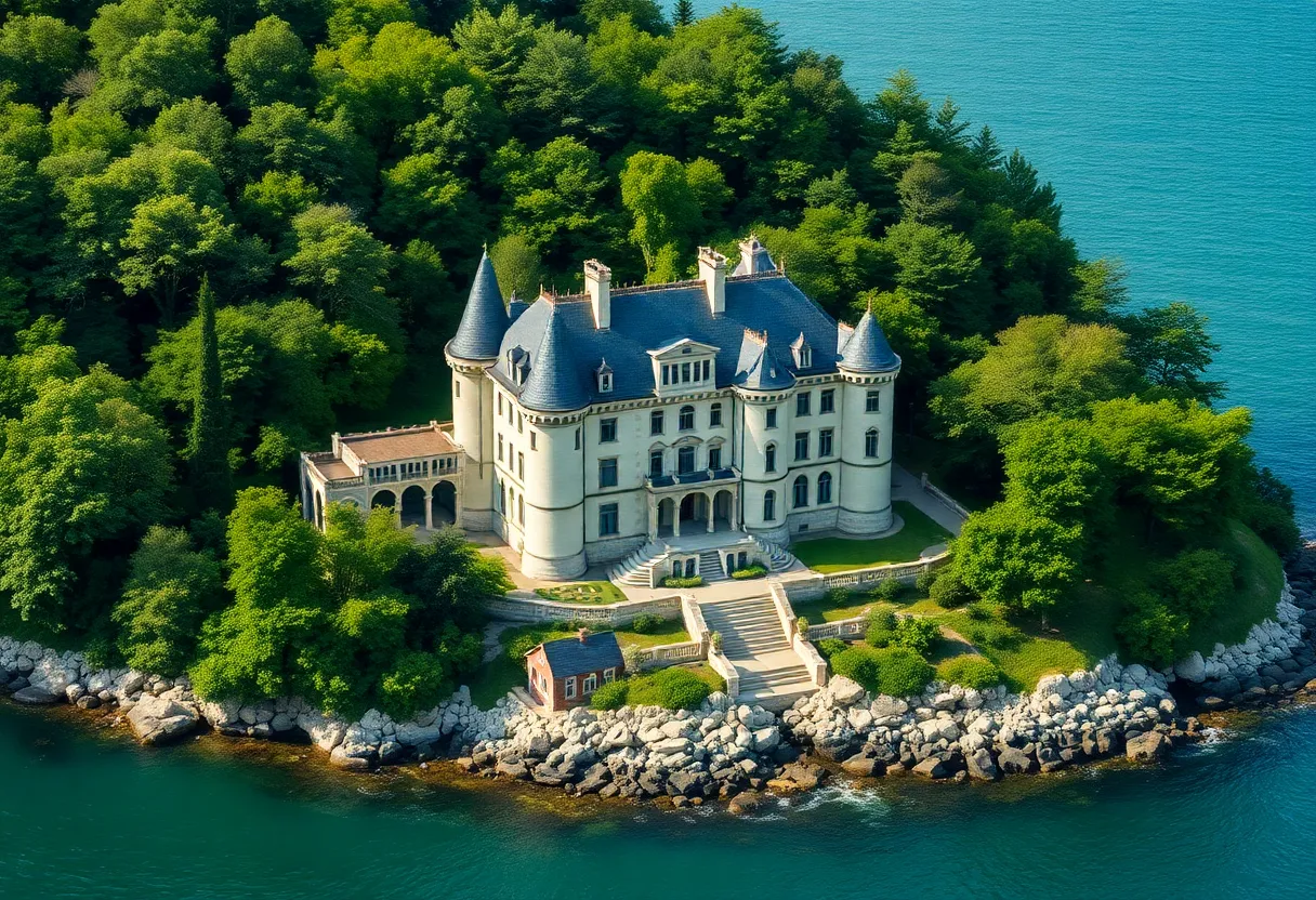 Exterior view of Glenapp Castle surrounded by nature