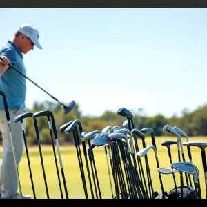 Different types of golf clubs arranged on a golf course