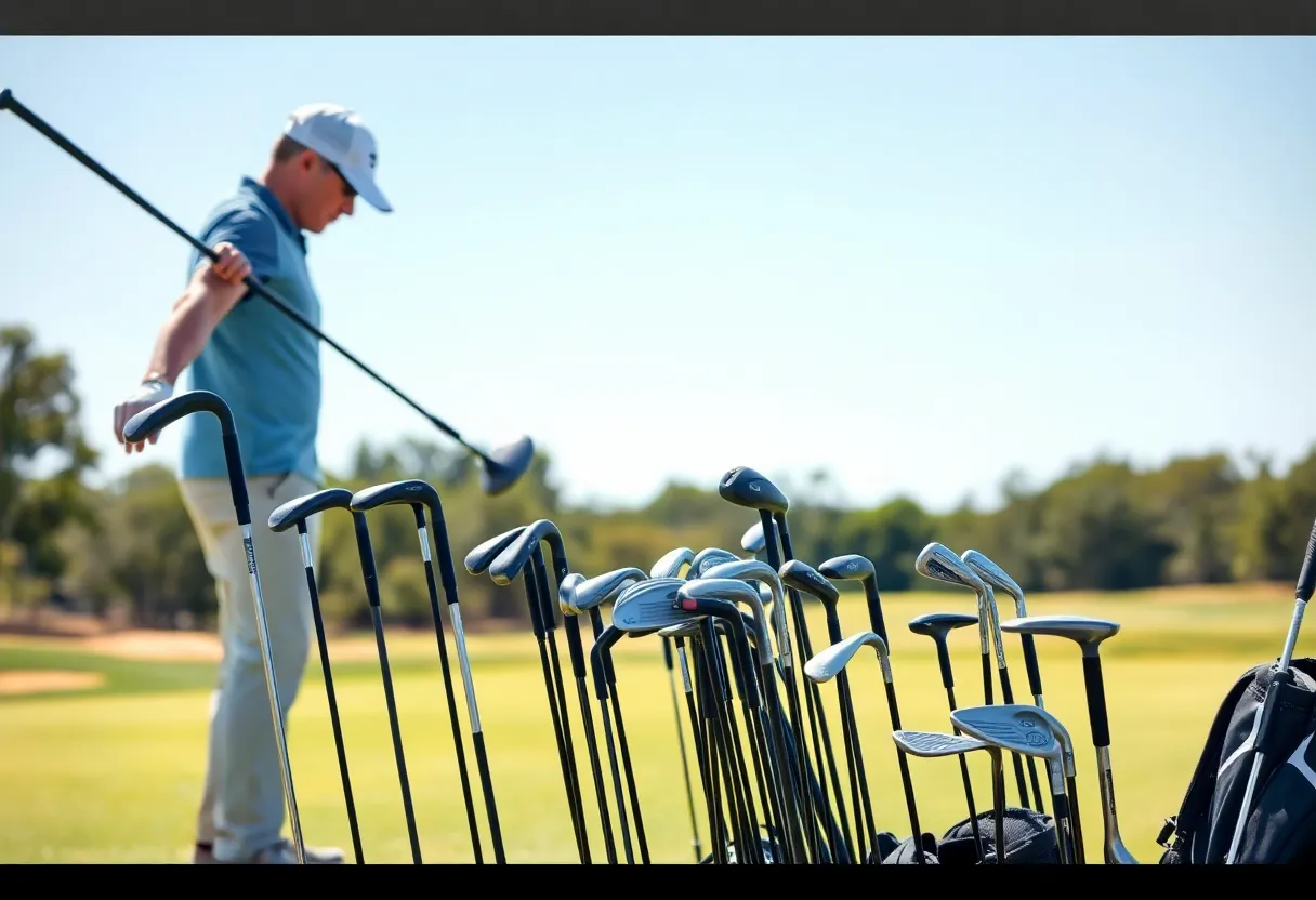 Different types of golf clubs arranged on a golf course