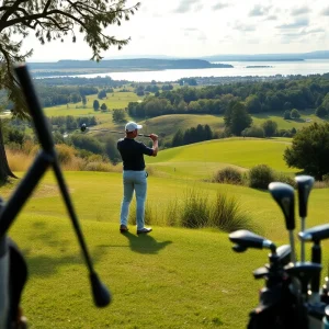 A golfer documenting their experiences in a golf course journal on a scenic course.