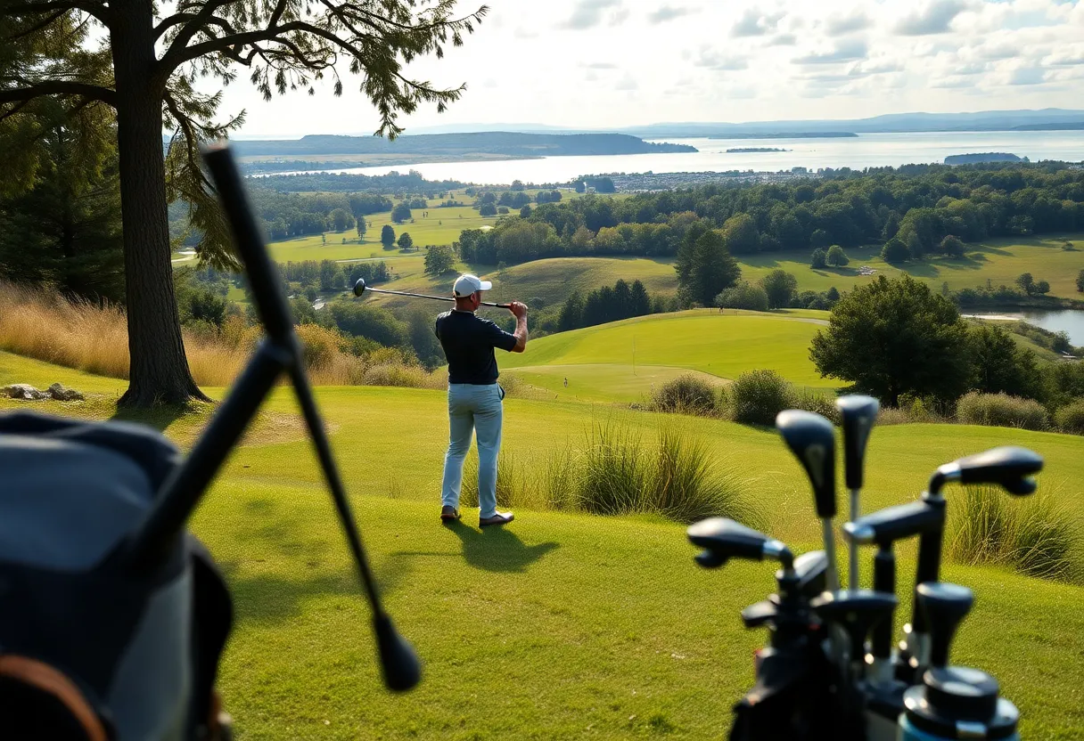 A golfer documenting their experiences in a golf course journal on a scenic course.