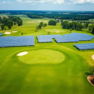 Aerial view of a golf course merging into solar panels.