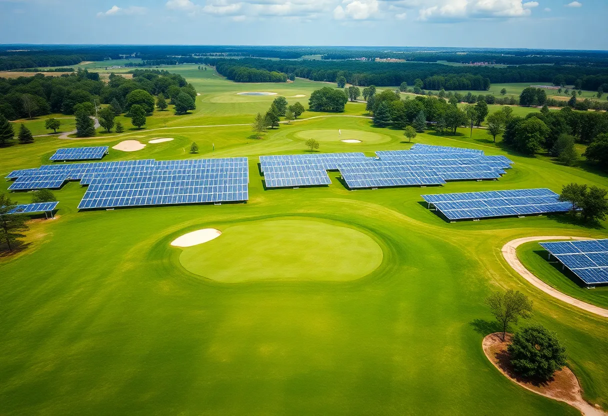 Aerial view of a golf course merging into solar panels.