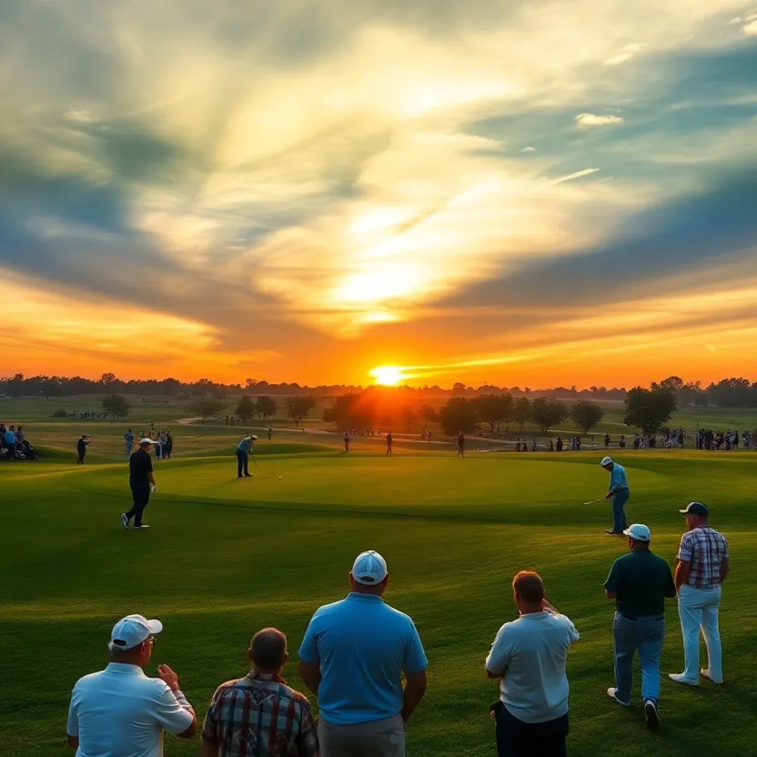 Golf course during sunset with players and spectators