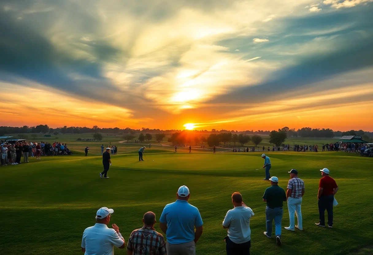 Golf course during sunset with players and spectators