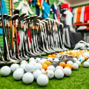 Golf equipment with tariff symbols in a golf course setting