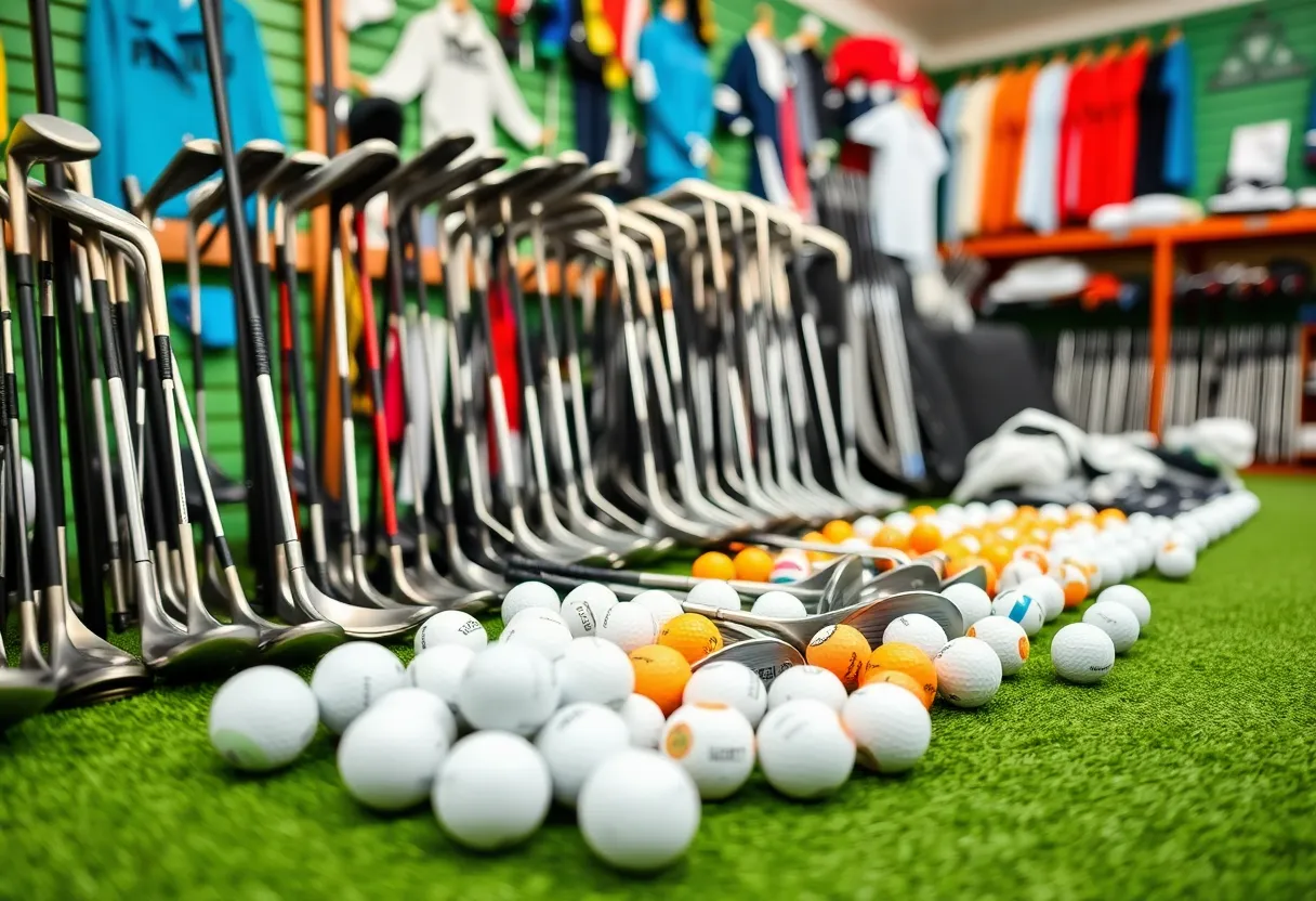 Golf equipment with tariff symbols in a golf course setting