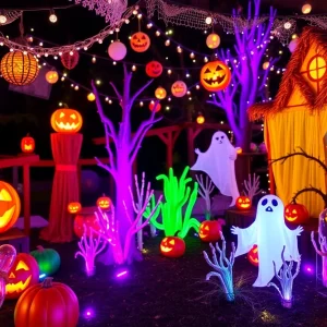 Spooky Halloween decorations with lit pumpkins and eerie figures.