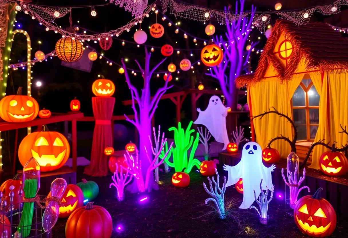 Spooky Halloween decorations with lit pumpkins and eerie figures.