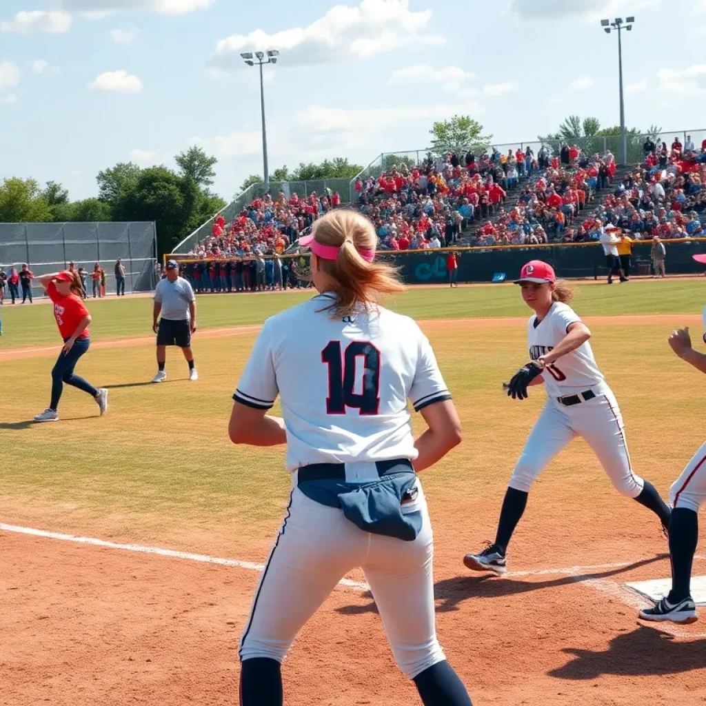 Players celebrating a softball victory on the field