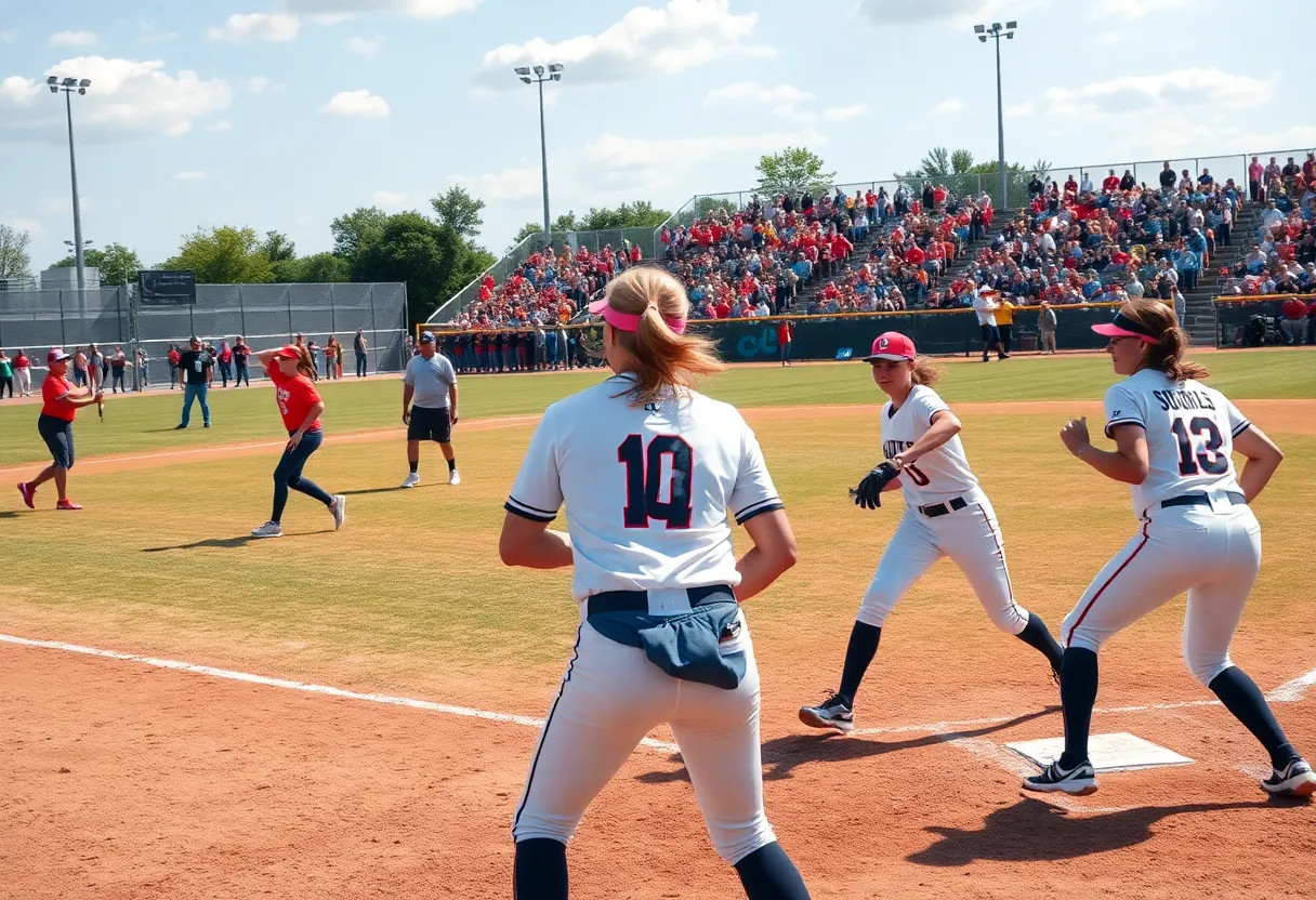 Players celebrating a softball victory on the field