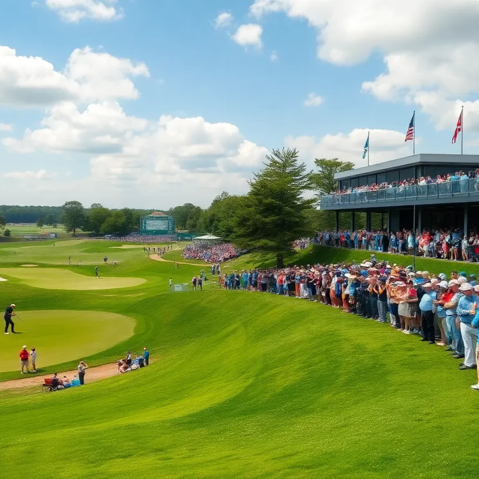 A view of a golf tournament showcasing golfers and the vibrant atmosphere of the event