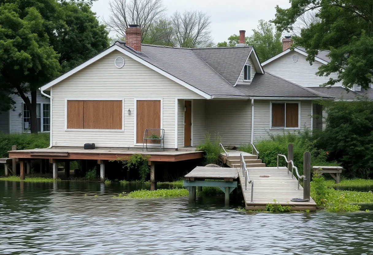 Lake Mann Estates home with boarded-up windows