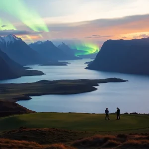 Lofoten Links golf course with mountains and northern lights