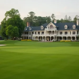 Luxury golf course with green fairways and carts