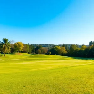 Luxury golf course with American flags and security personnel present