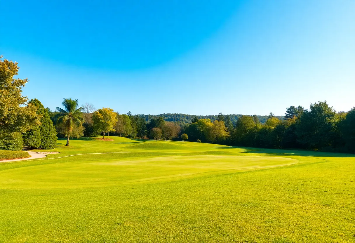 Luxury golf course with American flags and security personnel present