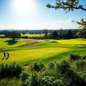 A picturesque view of a golf course in Kenya bathed in sunlight.