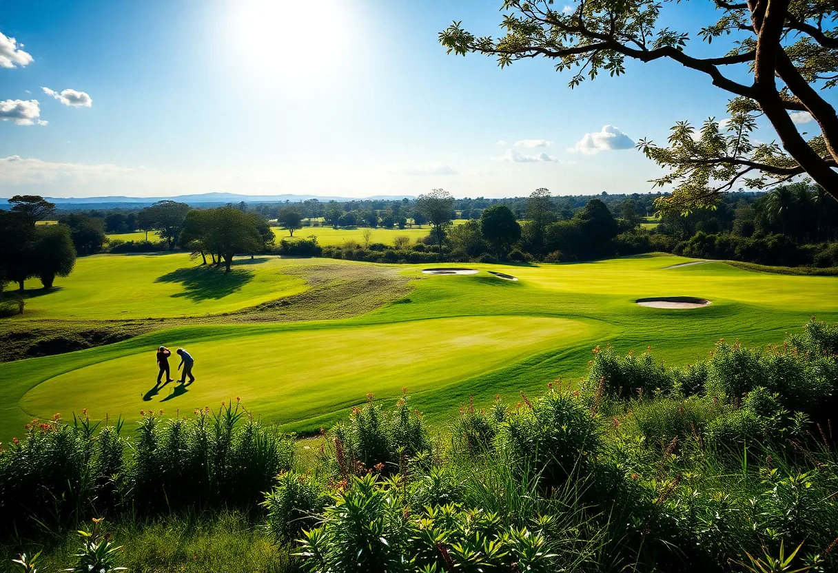 A picturesque view of a golf course in Kenya bathed in sunlight.