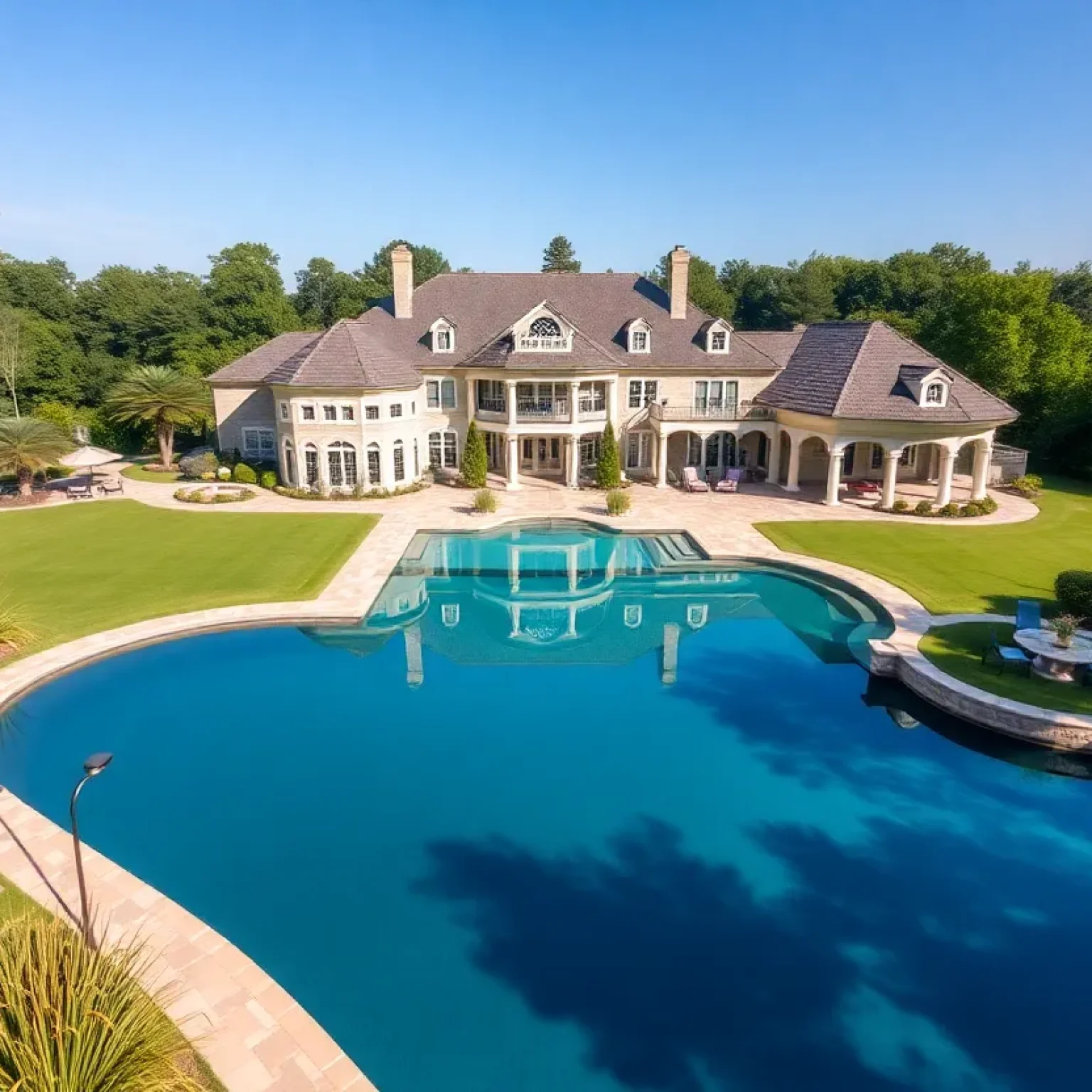 Luxurious real estate property with a swimming pool and lake