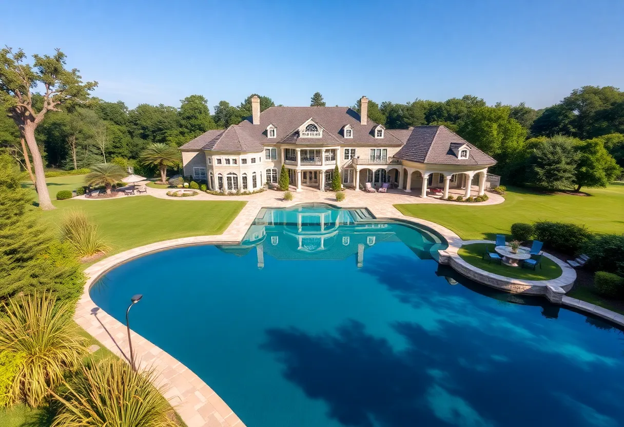 Luxurious real estate property with a swimming pool and lake