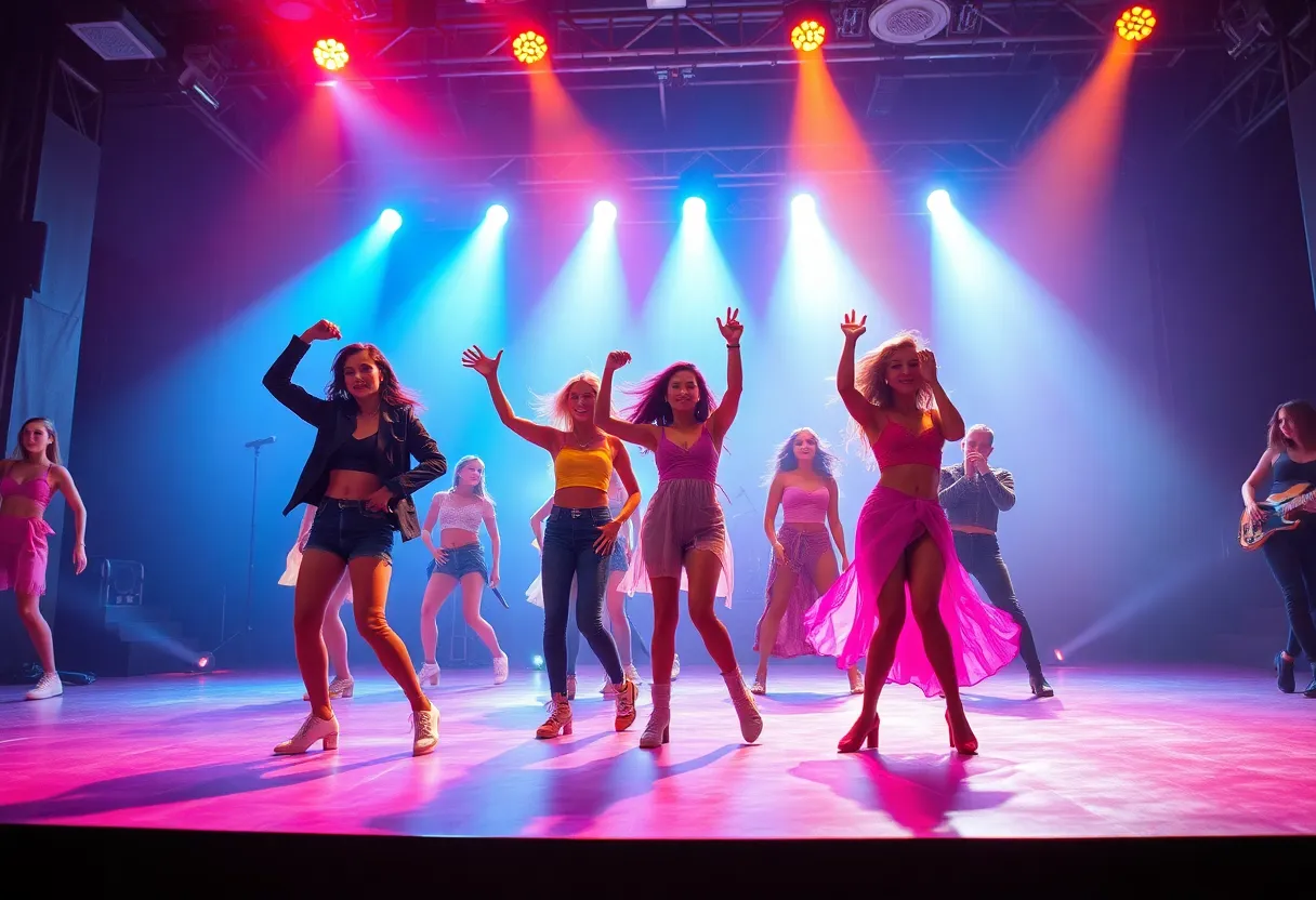 A performance scene from MJ: The Musical showcasing dancers in colorful costumes.