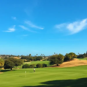 Golfers playing at a municipal golf course with lush green grass.