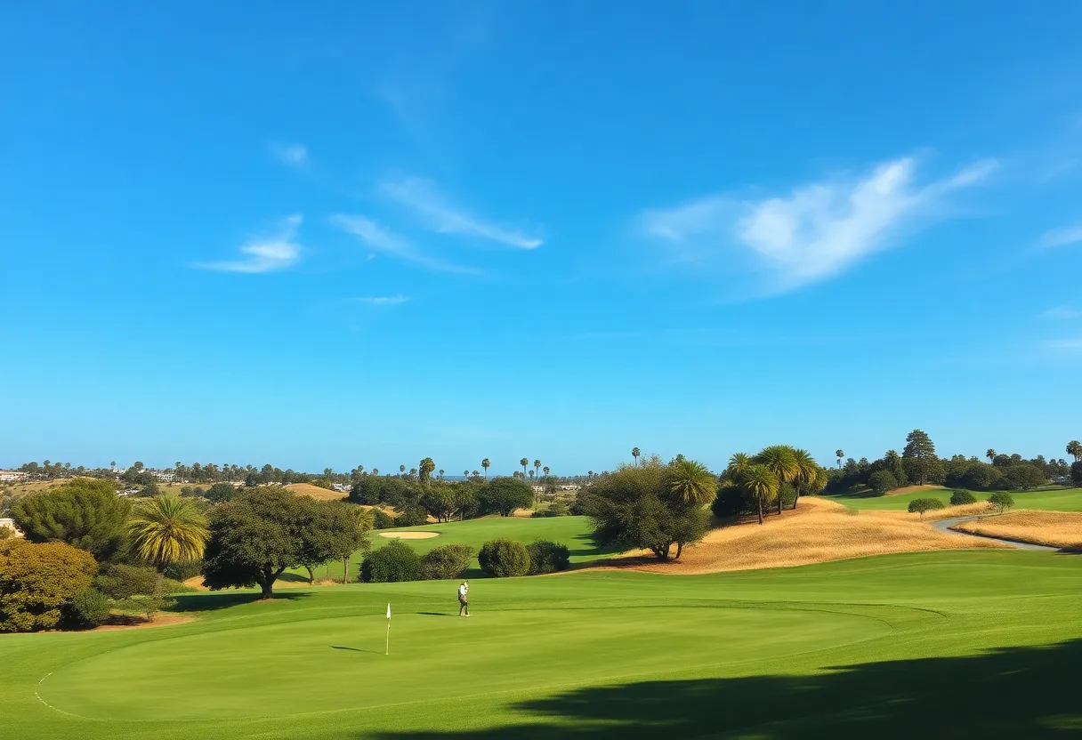 Golfers playing at a municipal golf course with lush green grass.