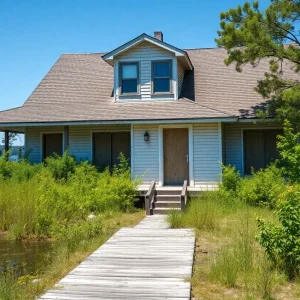 Image of a boarded-up lakefront home with signs of neglect.