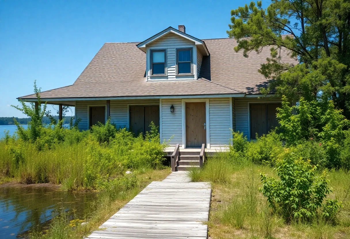 Image of a boarded-up lakefront home with signs of neglect.