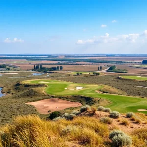 Aerial view of a golf course with natural features and bunkers