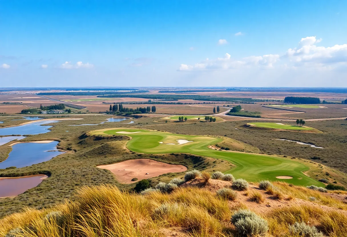 Aerial view of a golf course with natural features and bunkers