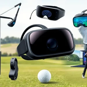 Golfer practicing with smart golf clubs featuring augmented reality tools.