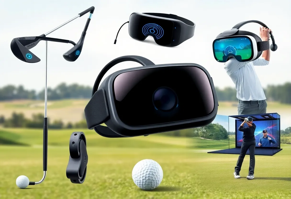 Golfer practicing with smart golf clubs featuring augmented reality tools.