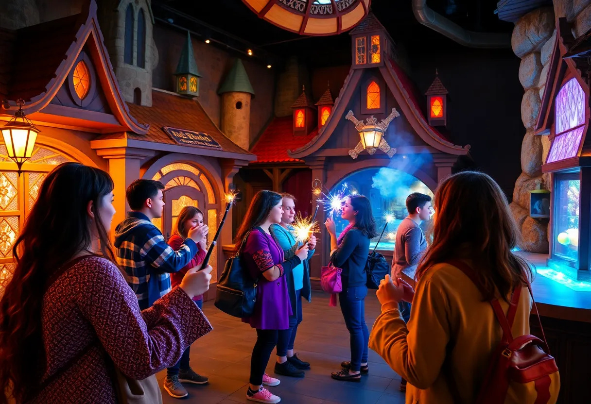 Guests enjoying the new interactive wands at Universal Orlando's Wizarding World.