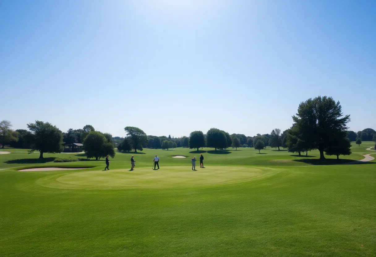 A beautiful nine-hole golf course with lush landscapes and clear skies.