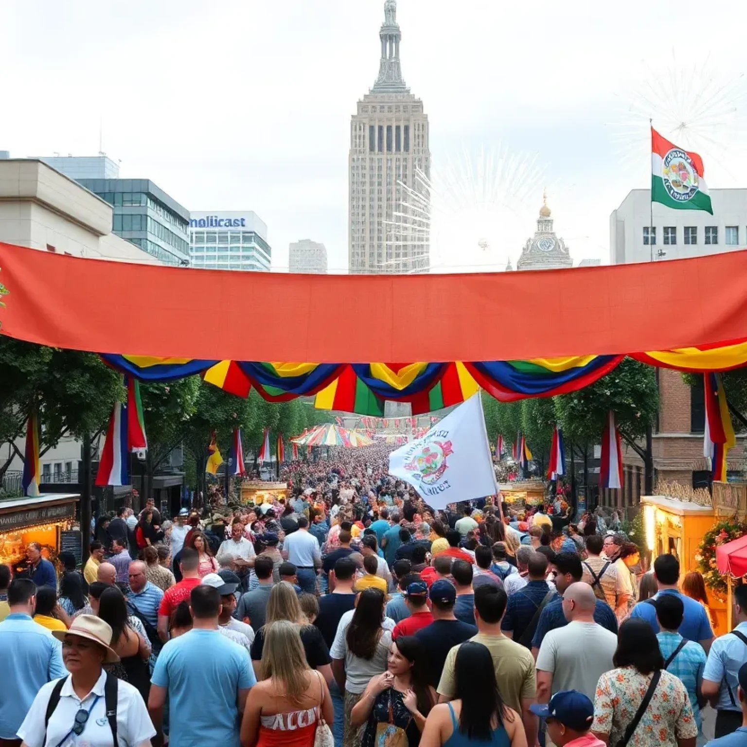 A celebratory scene from Orlando's 150th anniversary events with crowds and a colorful banner.